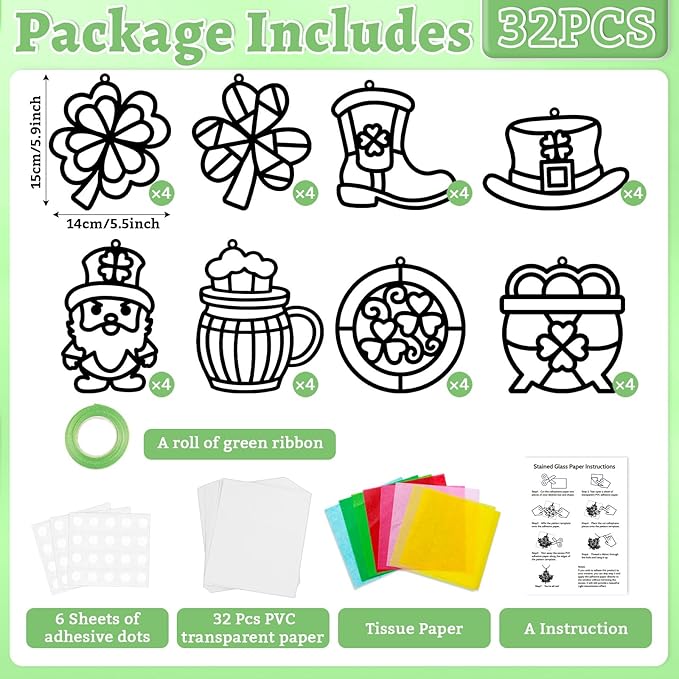 32 Sets St. Patrick's Day Suncatchers Craft Kit for DIY Irish Lucky Shamrock Leprechaun Window Stained Glass Effect Paper Suncatcher Decoration for Home School Classroom Party Activity Gift