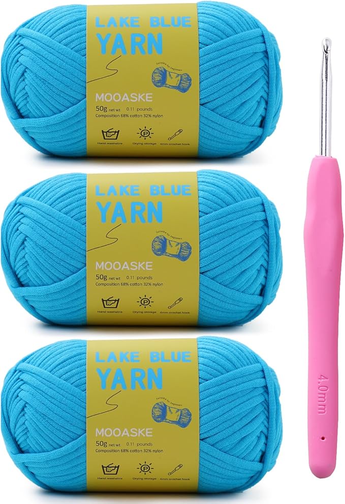 3 Pack (3 x 50g) Crochet Yarn with Crochet Hook - Worsted Medium Yarn for Crocheting - Easy-to-See Stitches Cotton-Nylon Blend Beginner Knitting Yarns for Adults and Kids