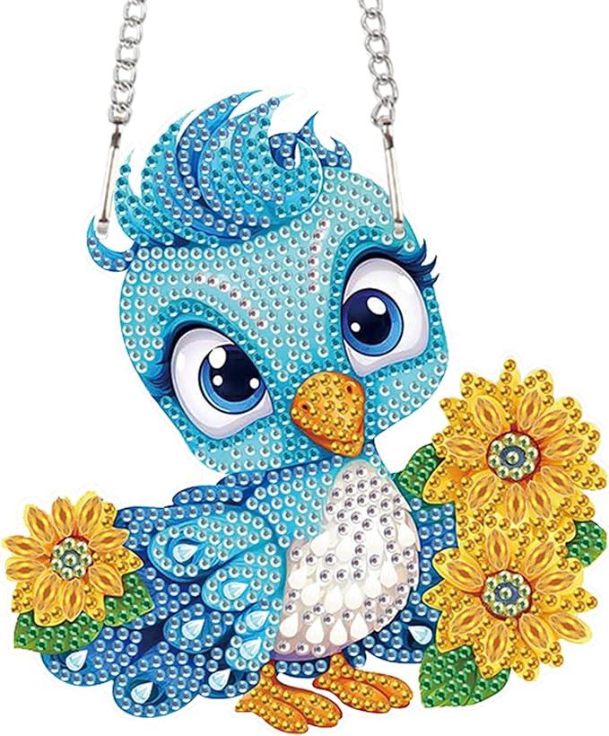 AiYuanzsh DIY Blue Bird Diamond Art Hanging Kit, Flower 5D Acrylic Diamond Painting Pendant Ornament, Crystal Art Suncatcher for Home Wall Decor Gift