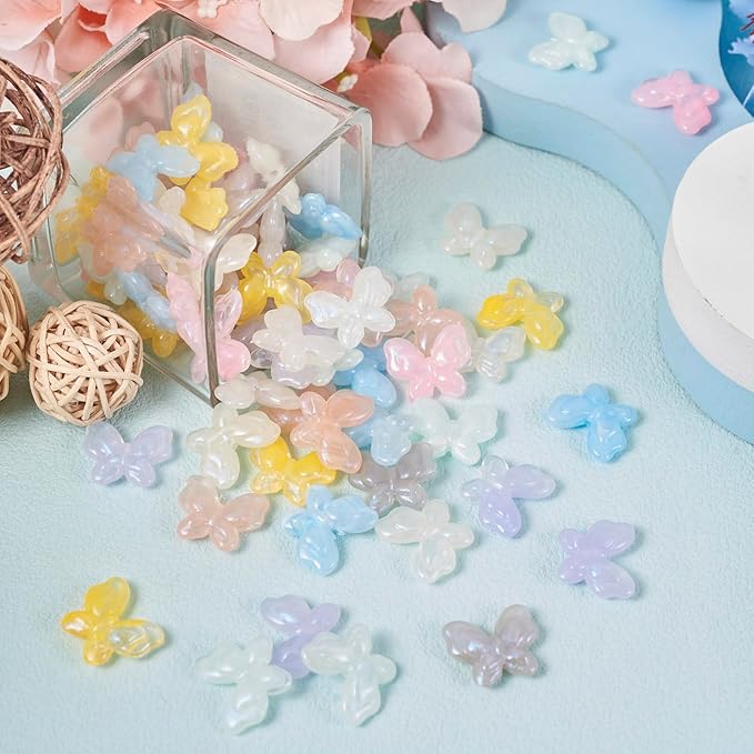 FASHEWELRY 80pcs Acrylic Butterfly & Pony Beads - Assorted Cute Kawaii Animals, Glitter, Colorful Kandi Bracelet & Necklace Beads for Jewelry Making