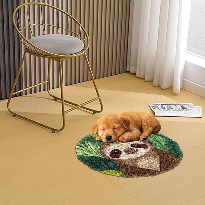 Latch Hook Rug Kit Cute Sloth Stamped Handmade Round Shape Carpet Crochet Yarn Craft DIY Hook and Latch Door Mat Tapestry for Christmas Home Floor Decor 50x50cm(1)