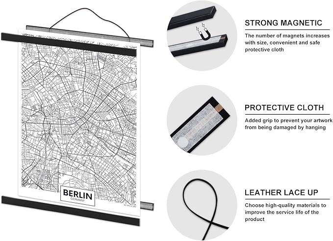 Poster Frame Frames, Magnetic Light Wood Wooden Poster Hangers Hanger Hanging Kit for Canvas Artwork Art Print (140cm /55",Black)