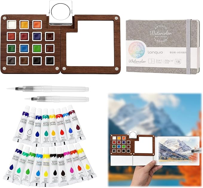Mini Watercolor Paint Set - Mini Travel Watercolor Palette Set, Pocket Water Color Paint Palette Kit with 18 Colours, Sketchbook, Pens, Wooden Paints Box for Painters Artists