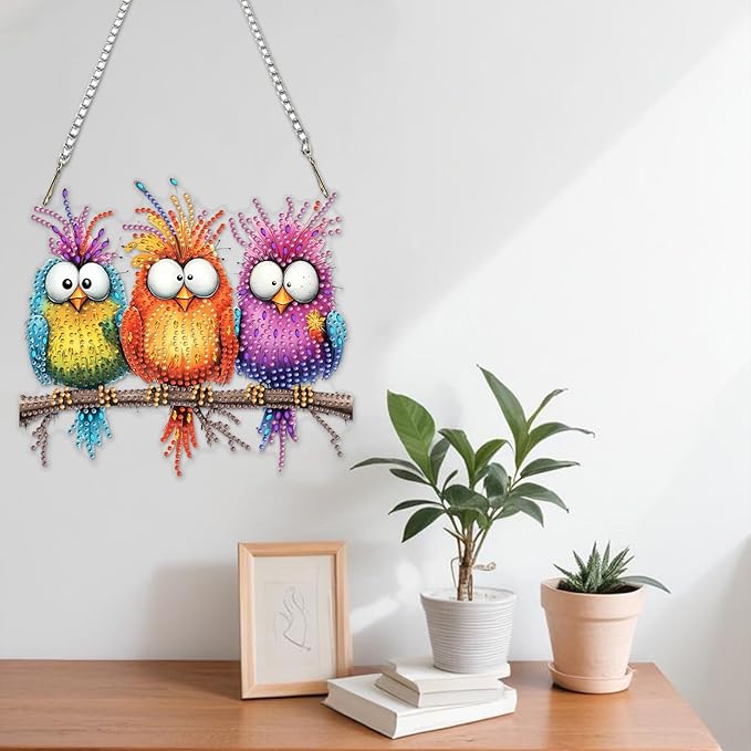 NAIMOER Funny Birds Diamond Art Hanging Kits for Adults 5D Special Shaped Rhinestone, DIY Acrylic Diamond Art Painting Window Pendants Home Garden Wall Hanging Ornament Kits, Double Sided