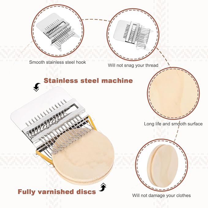 MECCANIXITY Mini Darning Loom, 14 Hooks Wood Weaving Knitting Machine with Knitting Needles for Repair Jeans Socks DIY Craft, Knit Patch Loom Weave Tool, Silver