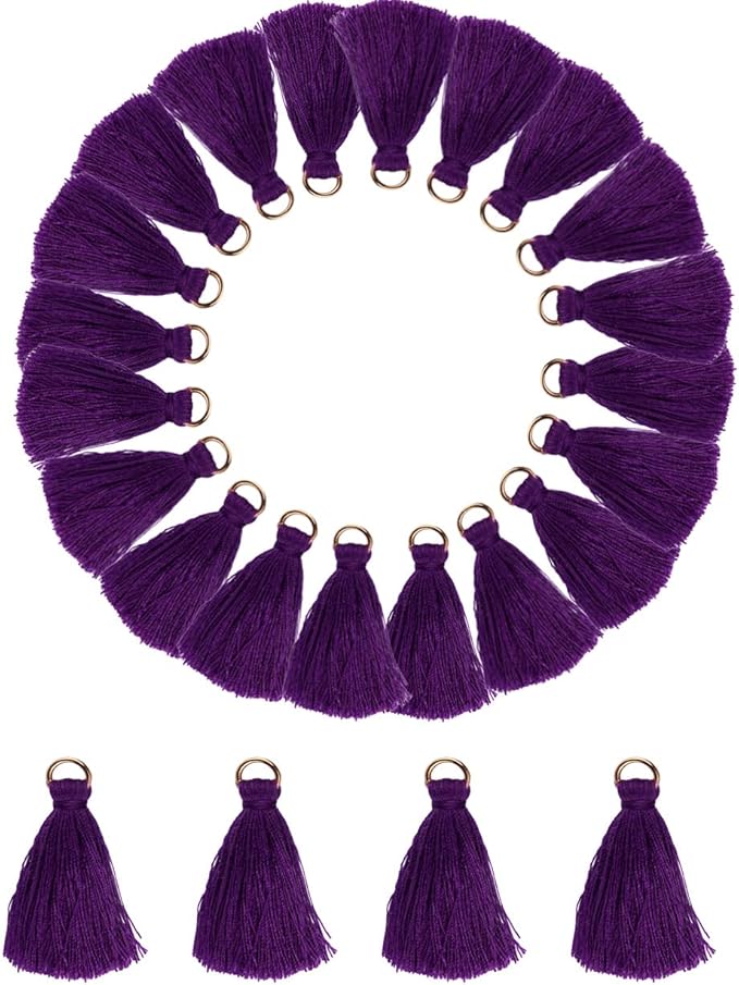 MSCFTFB 100 Pieces Mini Tassels Mala Tassel Kit with Jump Rings for Earring Necklace Jewelry Making Garland Keychain Charms Crafts Decorations(Purple)