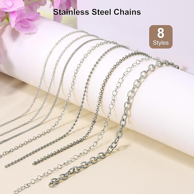 PP OPOUNT Silver Necklace Chains for Jewelry Making, 62.3 Feet 8 Rolls Stainless Steel Chain for Jewelry Making DIY Necklace Bracelet Belt Earrings with Open Jump Rings & Lobster Clasps