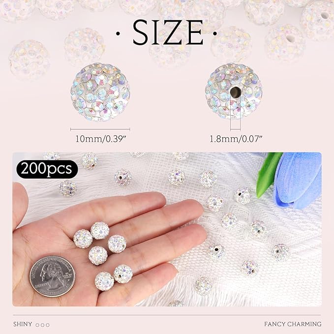 200pcs 10mm Crystal AB Rhinestone Beads for Jewelry Making, Shiny Round Shamballa Disco Ball Beads Bulk, Sparkle Crystal Clay Christmas for Bracelet Baseball Necklace Earring Crafting and DIY