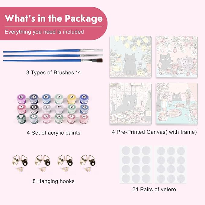 4 Pack Paint by Numbers Kit for Kids Beginner with Wooden Frame, Funny Black Cat, Paint by Numbers Kit for Adults, Black Cat Birthday Cakes And Flower, DIY Painting Kits for Home Wall Decor 8x8 inch