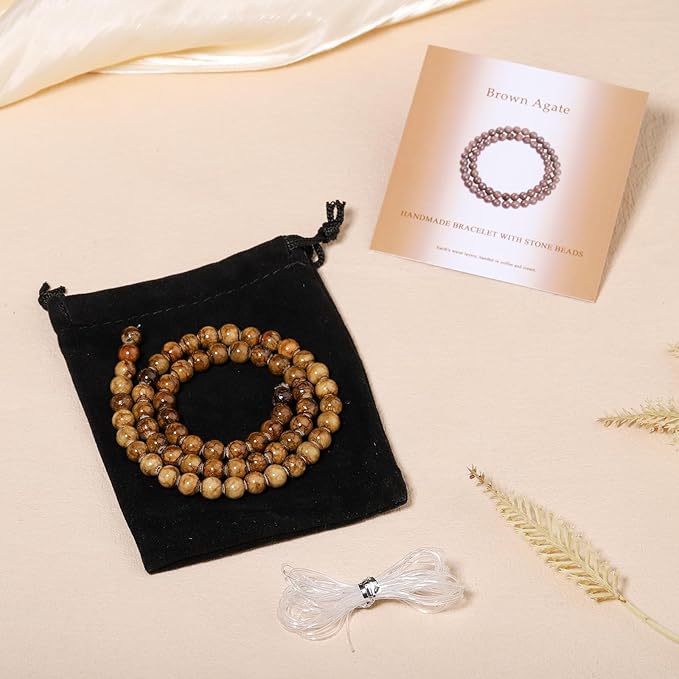 Stone Beads, 60pcs Brown Persian Agate, 6mm Round Loose Beads for Jewelry Making, Bracelets, with Bag, String & Card