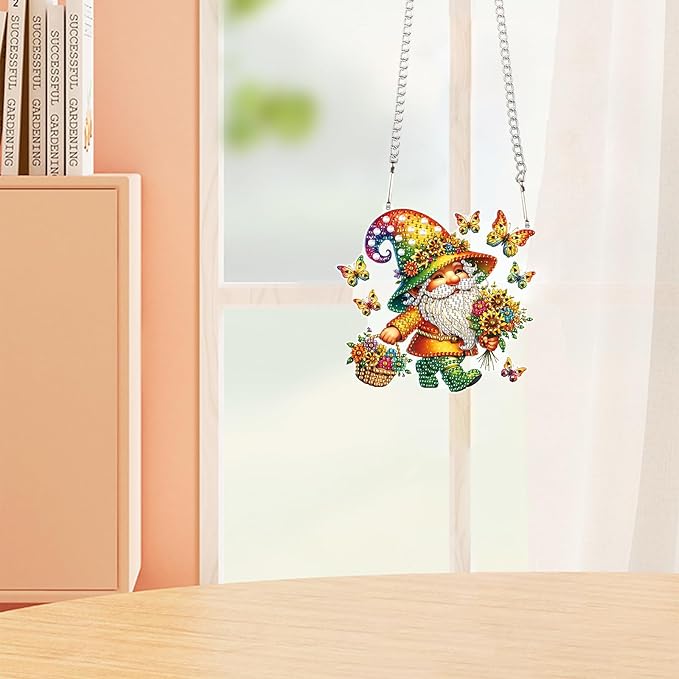 AiYuanzsh Butterfly Gnome Diamond Painting Hanging Kit, DIY 5D Acrylic Rhinestones Diamond Art Pendant, Fantasy Hanging Ornament for Wall, Window, Door or Home Decoration, Handmade Gift for Adults