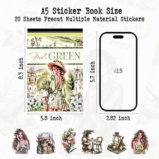 Fresh Green Scrapbook Sticker Book for Scrapbooking, A5 Size, Assorted PET Washi Paper Materials, 20 Sheets Diecut Journaling Stickers for Adults, Junk Journal Supplies, Collage, Crafts Arts