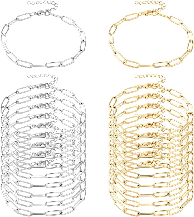 Exway 20 Pcs Paperclip Charm Bracelets Chain 8.0 Inch Stainless Steel Gold and Sliver Chain Bracelets Kit with Lobster Clasps for Crafts DIY Women Jewelry Making
