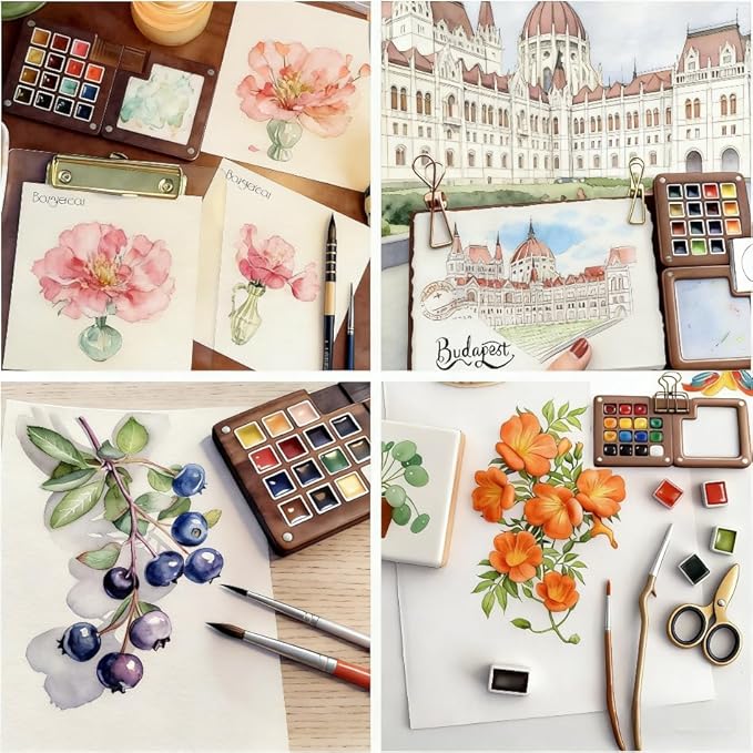 2026 New Mini Watercolor Paint Set with 24 colors and 15 Grids, Sketchbook & Pocket Travel Kit with Brushes, Copper Clips for Beginners and Artists, Walnut Wood