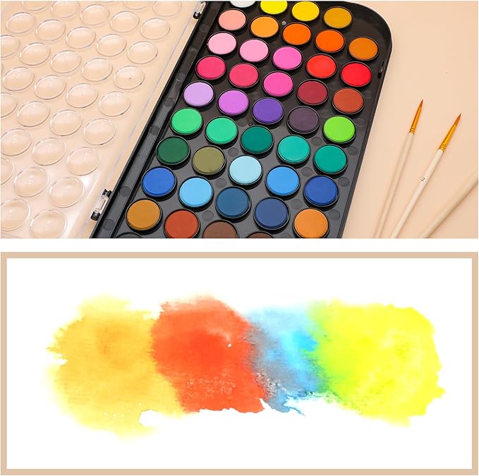 Artecho 48 Colors Watercolor Cake Set with 3 Brushes, Washable, Travel Design, Perfect for Card Making, Illustrations, Painting, Calligraphy