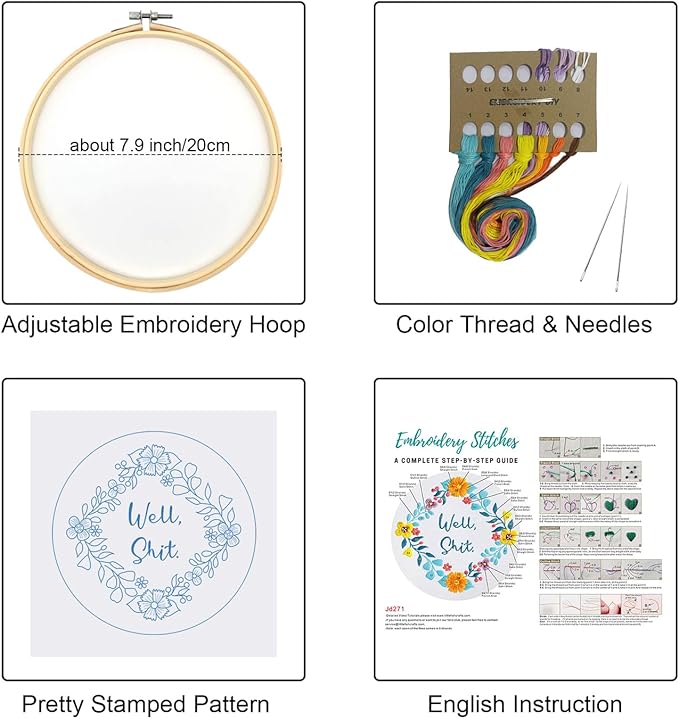 Louise Maelys Funny Embroidery Kit for Beginners,Adults Cross Stitch Kits with Flower Wreath Pattern,Needlepoint for Starters Including Cloth,Hoop,Instruction and Threads