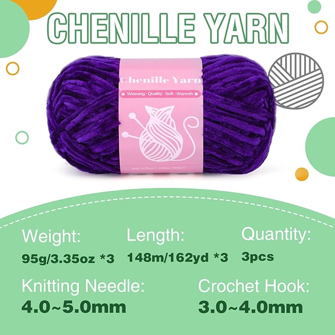 LUNARM Chenille Velvet Yarn, Yarn for Crocheting Knitting with Big Eye Needles, Handcrafts Weaving Soft Chenille Yarn for Making Blankets, Clothes, Pattern Knitting-3 * 3.35oz,3 * 162yds (Purple)