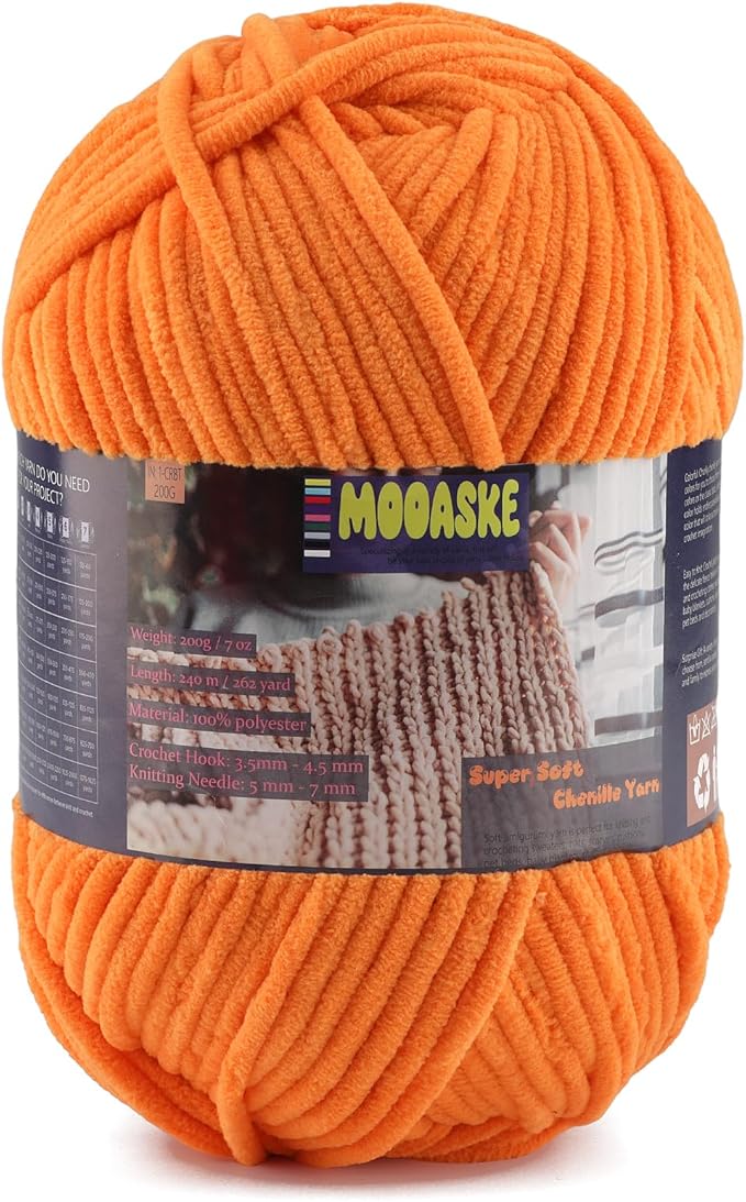 Chunky Velvet Yarn for Crocheting & Knitting, 7.05oz 262.4yd Super Soft Chenille Plush Yarn, Bulk Thick Yarns for Baby Blankets, Amigurumi, Scarves | 20 Colors (1, Orange)