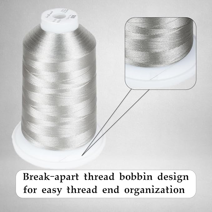 Simthread Trilobal Polyester Thread – 5000M (5500yds) No.40 – Super Sheen, Tangle-Free – Built-in Thread Lock Spool – Compatible with Brother, Singer, Janome & More, Silver-005