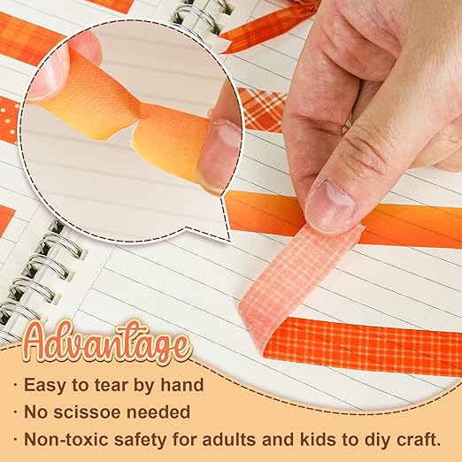 Whaline 12 Rolls Fall Plaid Washi Tapes Orange Red Buffalo Plaid Decorative Tape Autumn Solid Color Polka Dots Patterned Masking Tape for Fall Scrapbook Journal DIY Craft Gift Wrapping, 0.6Inch