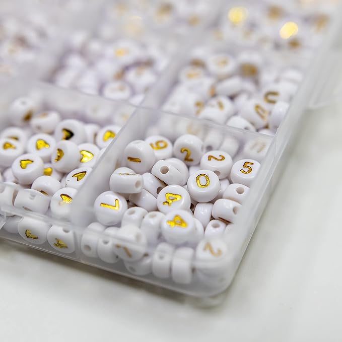 1450Pcs Acrylic 4x7mm Round Letter Beads Kits Alphabet A-Z (Extra for Vowel) and Gold Heart Number Beads for Bracelets Necklaces Jewelry Making (Gold and Numbers)