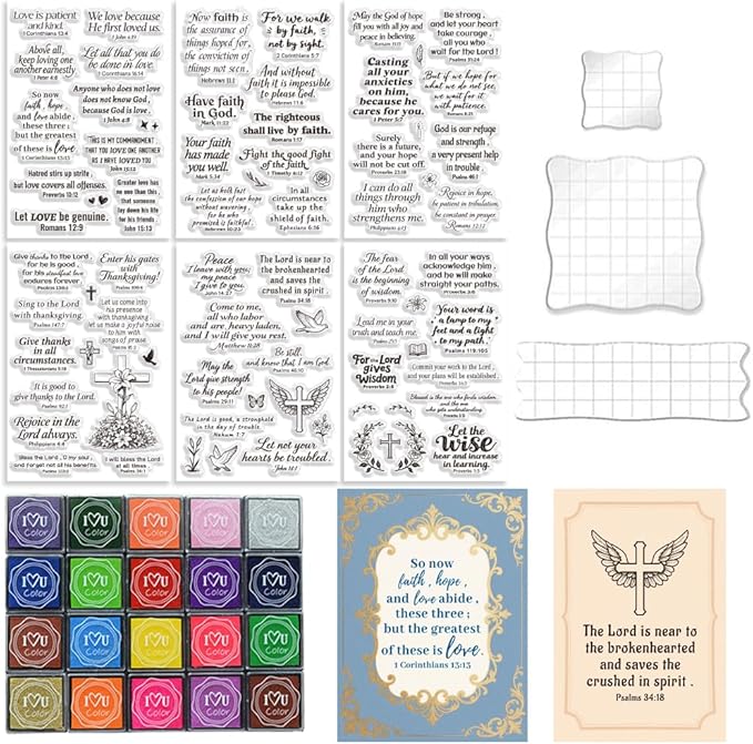 6Pcs Christian Bible Verse Clear Stamps for Card Making Easter Blessing 20 Craft Ink Pad 3 Acrylic Stamp Block Silicone Stamp with Greeting Words Rubber Stamps for Crafting DIY Scrapbooking