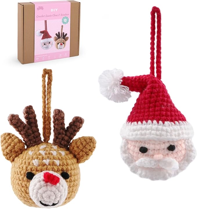 HOUSE CREATIVITY Christmas Crochet Kit for Beginners – Make Santa Claus & Reindeer Ornaments, Amigurumi Crochet Starter Kit with Video Tutorial, Yarn & Hook, DIY Holiday Tree Decor Gift