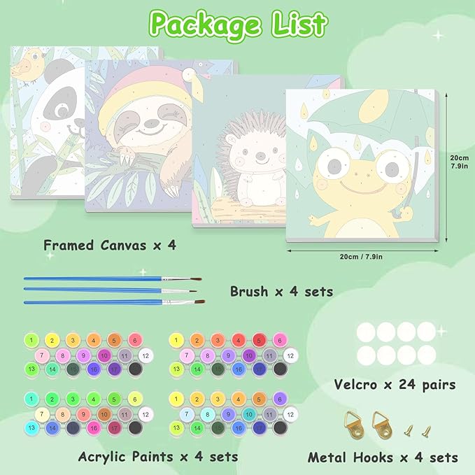 KEYIFA 4 Pack Framed Paint by Numbers Kit for Kids Age 6-12, Easy Animal Paintings for Adult Beginner, Framed Acrylic Canvas Painting for Home Decor Children Gift, 8x8 in (Sloth+Panda+Hedgehog+Frog)