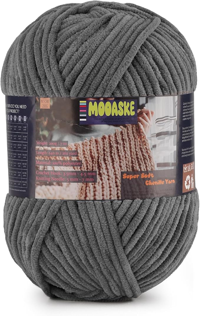 Chunky Velvet Yarn for Crocheting & Knitting, 7.05oz 262.4yd Super Soft Chenille Plush Yarn, Bulk Thick Yarns for Baby Blankets, Amigurumi, Scarves | 20 Colors (1, Dark Gray)