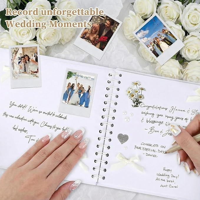 Wukfuiui Letters to The Bride Scrapbook 8 x 8 Inch Wedding Photo Album Kit DIY Guest Book for Bride with Metallic Pens Pearl Stickers Bows Memory Book with Thick Paper for Letters, Bridal Shower Gifts