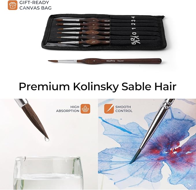 Nicpro 7pcs Kolinsky Sable Miniature Paint Brushes, Professional Fine Detail Paint Brushes with Cloth Roll, Round Point Artist Brush Set for Miniatures, Acrylic & Figures, Model, Watercolor Details