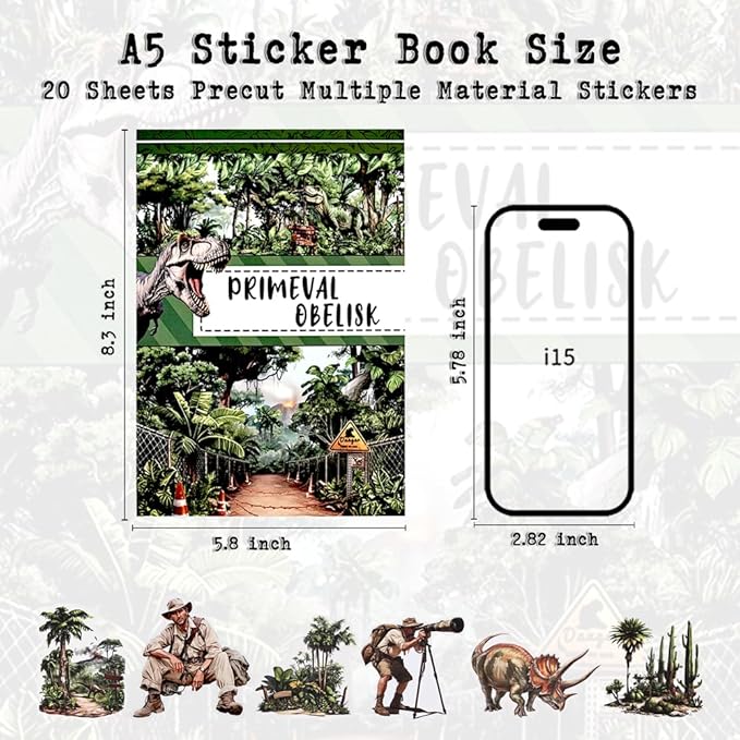 A5 Diecut Journal Sticker Book for Adults Journaling, 20 Sheets Dinosaur Theme with Assorted Materials- PET, Washi, Paper, Scrapbook Stickers for Scrapbooking, Junk Journals Supplies, Collage