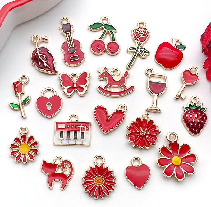 WOCRAFT 40pcs 20 pairs Assorted Enamel Bracelet Charms for Jewelry Making DIY Necklace Bracelet Earrings Keychain Crafting Charms Kit Crafts (Red-SN996)