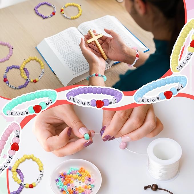 Ferreve 35 Sets Easter Pastel Religious Bead Wristband Craft Kit Jesus Love Me Faith DIY Bead Craft Kit Love Letter Charms for VBS Week Sunday School Christian Bible Verse Gifts Making