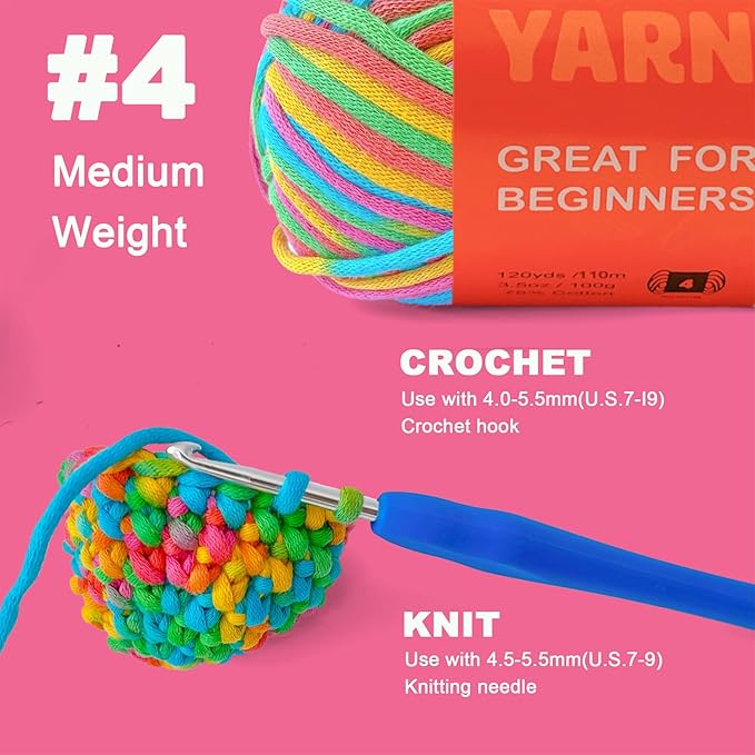 3.5Oz/120yds Rainbow Yarn for Crocheting and Knitting;Worsted-Weight Medium #4;Cotton Blend Yarn for Beginners with Easy-to-See Sitches,Great for Amigurumi DIY(Rainbow,1 Skein)