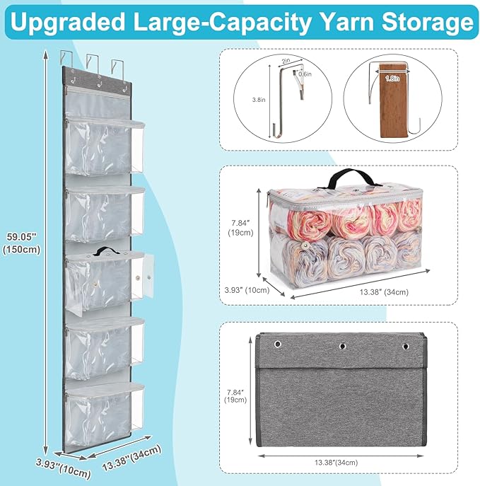 Coopay Yarn Storage Hanging Knitting Bag with 6 Compartments, Large Yarn Organizers and Storage with 3 Adjustable Hooks, Clear Hanging Knitting Organizer for Crochet Hooks, Knitting Needles