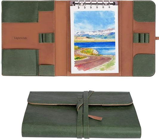 Lightwish Watercolor Pad - A5 20 Sheets 100% Cotton 300GSM Hot Press Paper | Detachable with Backing Board | All-in-One Travel Watercolor Journal with Brush Holders & Storage Pockets