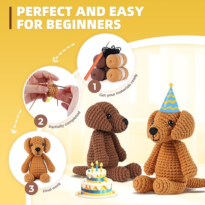 MOREJMTT Crochet Kit for Beginners, Knitting Kits,Crochet Animal Kits,Crocheting Kit for Starters with Step-by-Step Video Tutorials, Beginner Crochet Kits for Adults(2 Pack Golden Retriever)