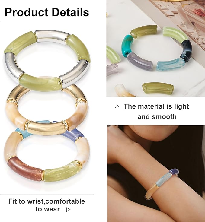 60Pcs Chunky Tube Beads with Rondelle Brass Rhinestone Spacer Beads & Elastic Thread & Plastic Tube Beads, Imitation Gemstone Curved Acrylic Tube Beads for Bamboo Bangles Bracelet Jewelry Making
