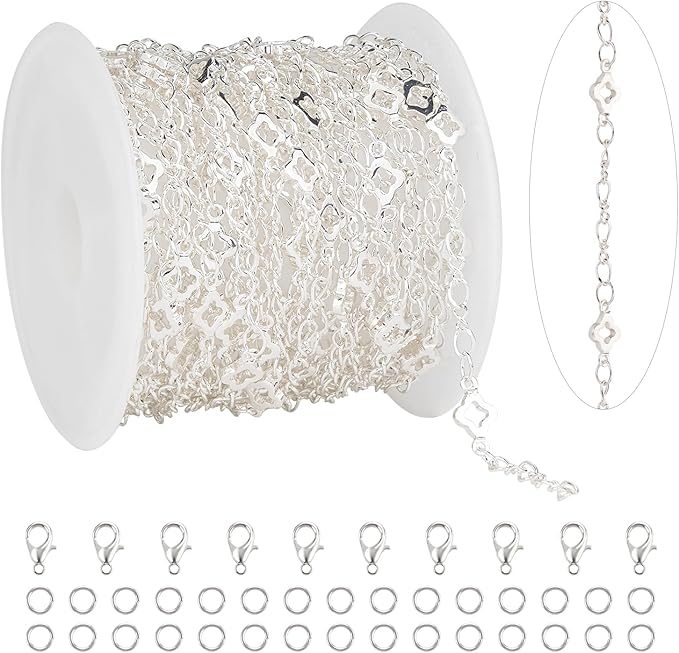 KYUNHOO 16.4 FT/5M Four Leaf Clover Chains for Crafts Silver Jewelry Making Chain Roll on Bulk with Clasps for Women DIY Supply Jewelry Findings
