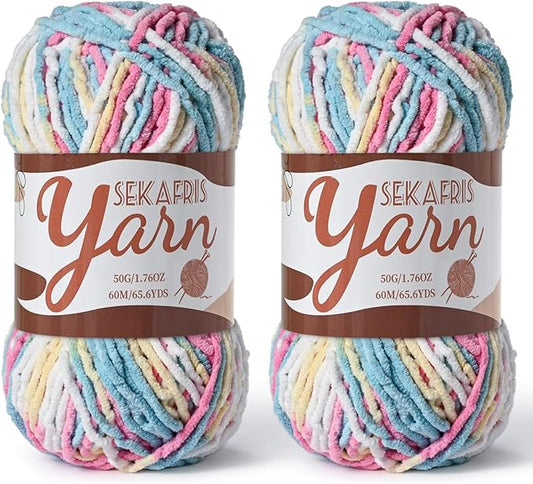 2 Pack Fluffy Velvet Yarn for Crocheting，Baby Blanket Yarn for Crocheting Soft，100g(131yds) Amigurumi Yarns，Plush Chenille Crochet Yarns，Puzzle Yarn for Crochet Weaving Craft(2 Candy Color)