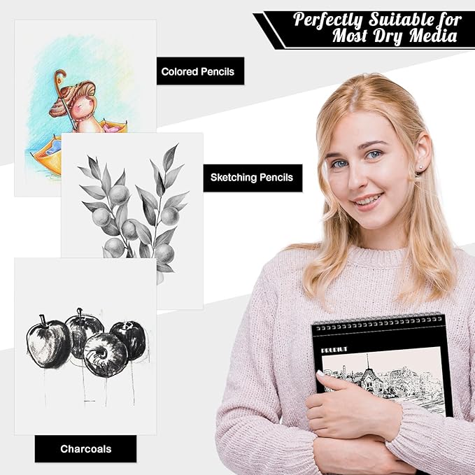 12 pack sketch book, 8.5 x 11inch sketchbook, 68lb/100gsm top spiral bound sketch pad, acid free art supplies drawing painting sketching paper for teens adults artists (30 sheets each)