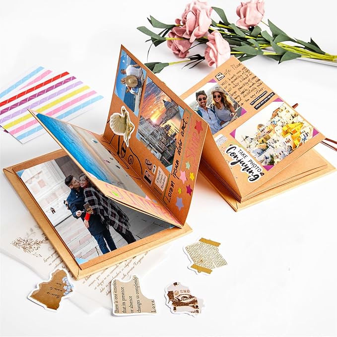 2 Pack Jutieuo Scrapbook Albums 6x8 Inch Small Photo Album with DIY Accessories Set, Stretchable Folding Kraft Paper Memory Book for Wedding Anniversary (Brown)