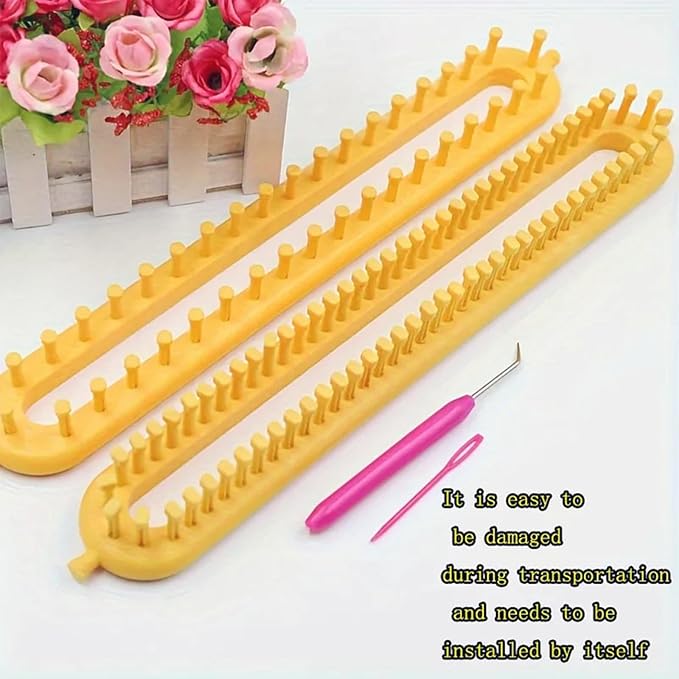 Dense Teeth Rectangle Knitting Looms，Plastic Weaving Looms Set，Weaving Loom，Scarf Hats Making Tools，DIY Crocheting Handmade Craft Kit with a Crochet Hook and Needle for Knitting Lovers，36 cm (Yellow)