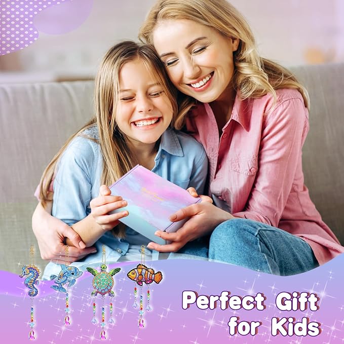 Diamond Art Kits for Kids - Crafts Gifts for Girls 8-12, 4 Pcs Double Sided Sea Animal Style Wind Chime, Hanging Crystal Rhinestone Painting Ornament