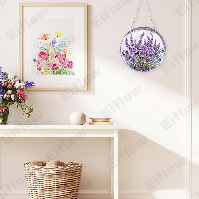 Eiflow DIY Hanging Diamond Art Kit Purple Flower, Acrylic Diamonds Painting Pendant Board Kit, 5D Gem Art Ornament Kit for Adults, Double Sided(9.4x9.4inch)
