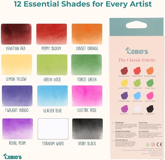 Original Tobios 12-Color Watercolor Paint Tube Refills – Artist-Grade Portable Watercolor Tubes for Travel, Painting & Creative Projects – High-Pigment Refill Set for Beginners, Students & Professional Artists