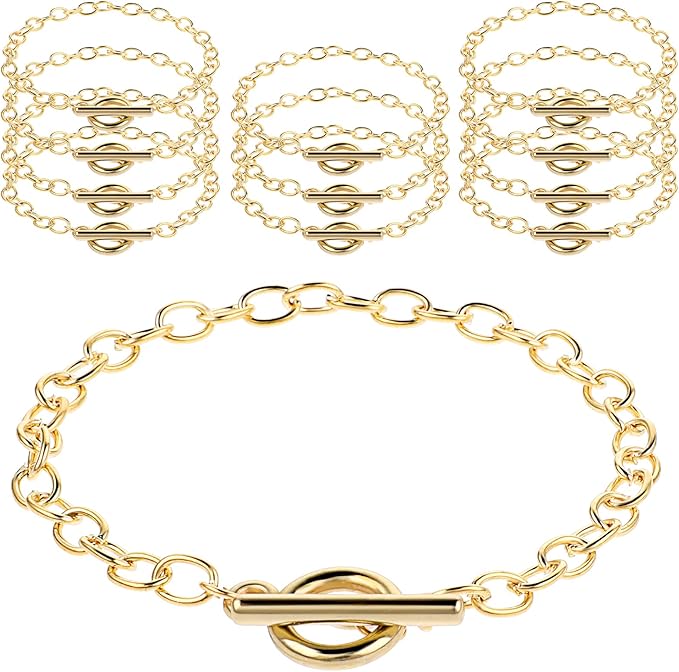 Prasacco 12 Pcs Bracelet Chains for Jewelry Making, Chain Bracelet for Women, Link Chain Bracelets with OT Toggle Clasp, Charm Bracelets for Jewelry Making (Gold)
