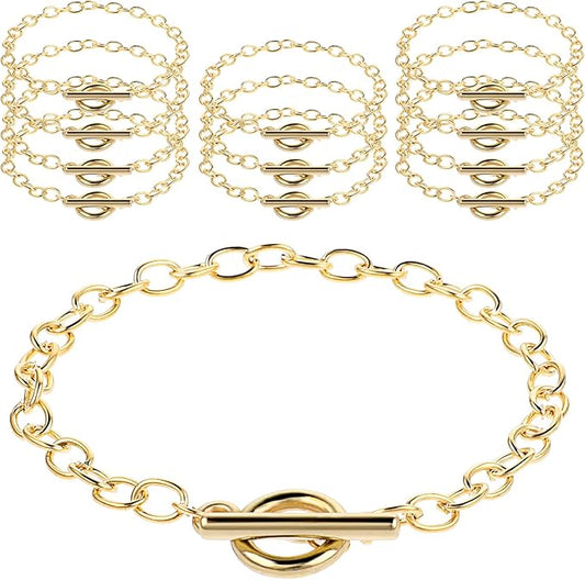 Prasacco 12 Pcs Bracelet Chains for Jewelry Making, Chain Bracelet for Women, Link Chain Bracelets with OT Toggle Clasp, Charm Bracelets for Jewelry Making (Gold)
