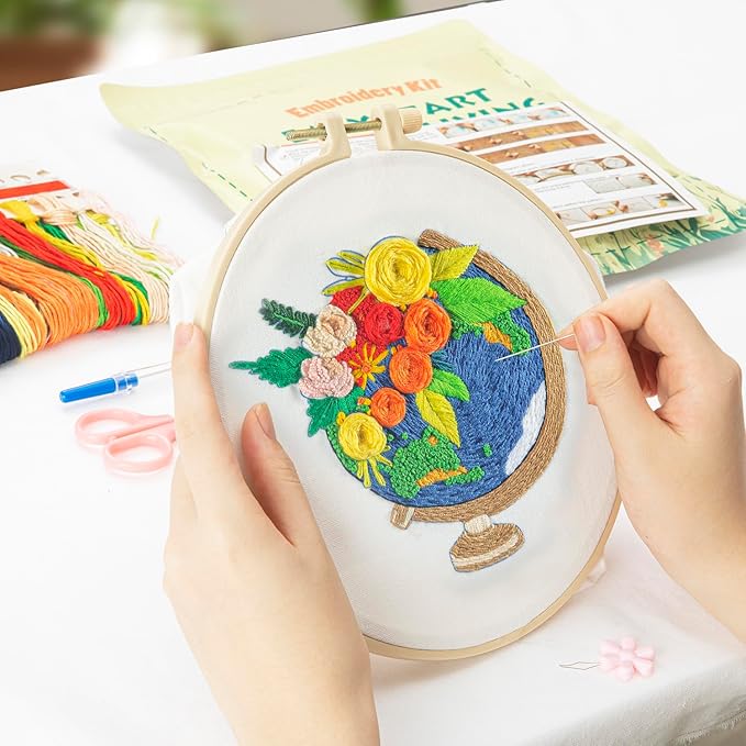 lx lermx embroidery kits for beginners, adult starter cross stitch kit needlepoint complete diy kit with unique patterns, hoop, colorful threads, tools, step by step instructions & video tutorial